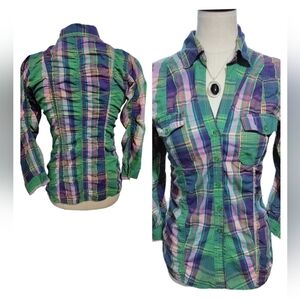 (1194) Helium London Green Purple Plaid Roll Tab Button Front Top Size Large